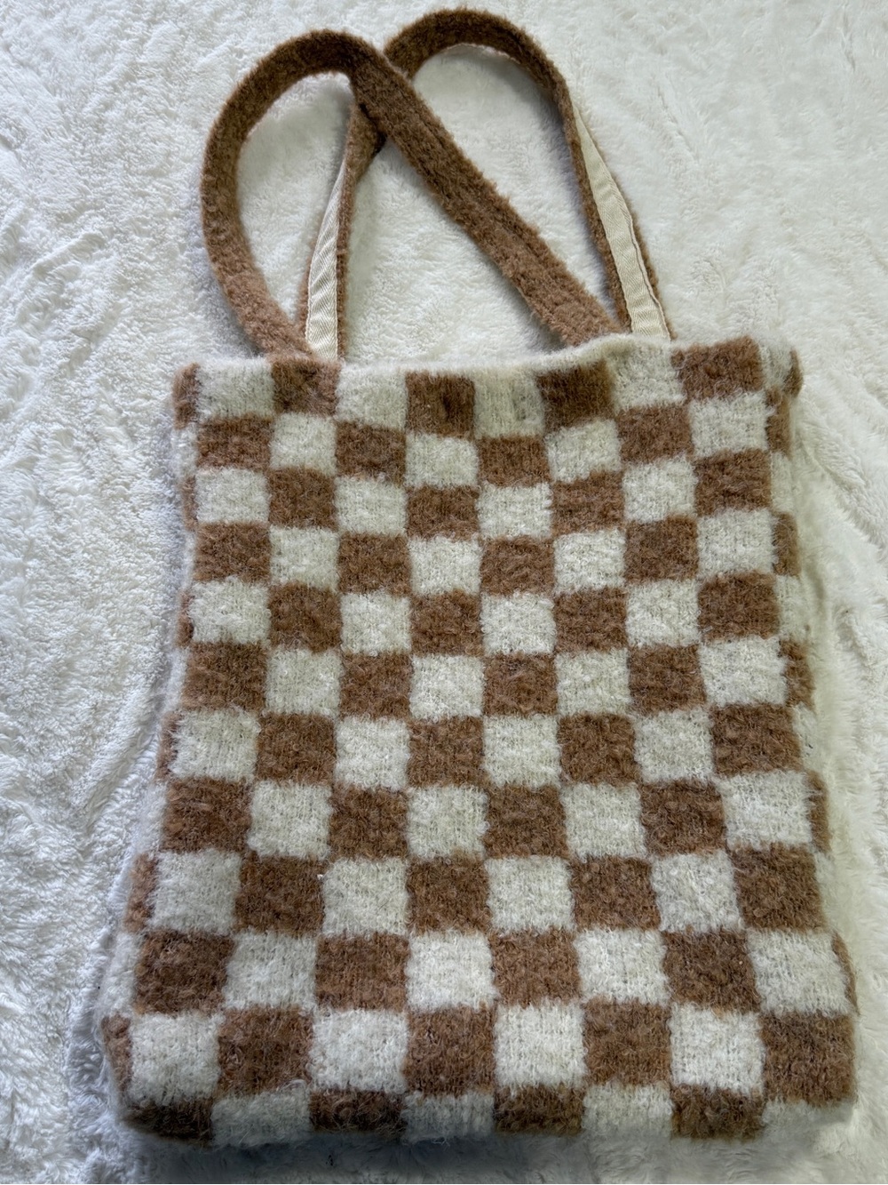 Free People Cozy Checkered Knit Tote Bag | Soft Fuzzy Neutral Bookbag Market - Picture 11 of 11